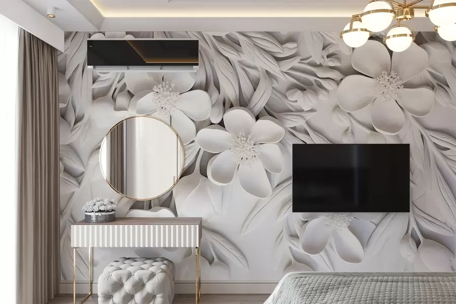 carta da parati Fiori e foglie bianchi su sfondo bianco, design floreale elegante e decorativo, dettagli intricati nr. w09113