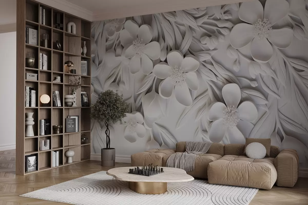 carta da parati Fiori e foglie bianchi su sfondo bianco, design floreale elegante e decorativo, dettagli intricati nr. w09113