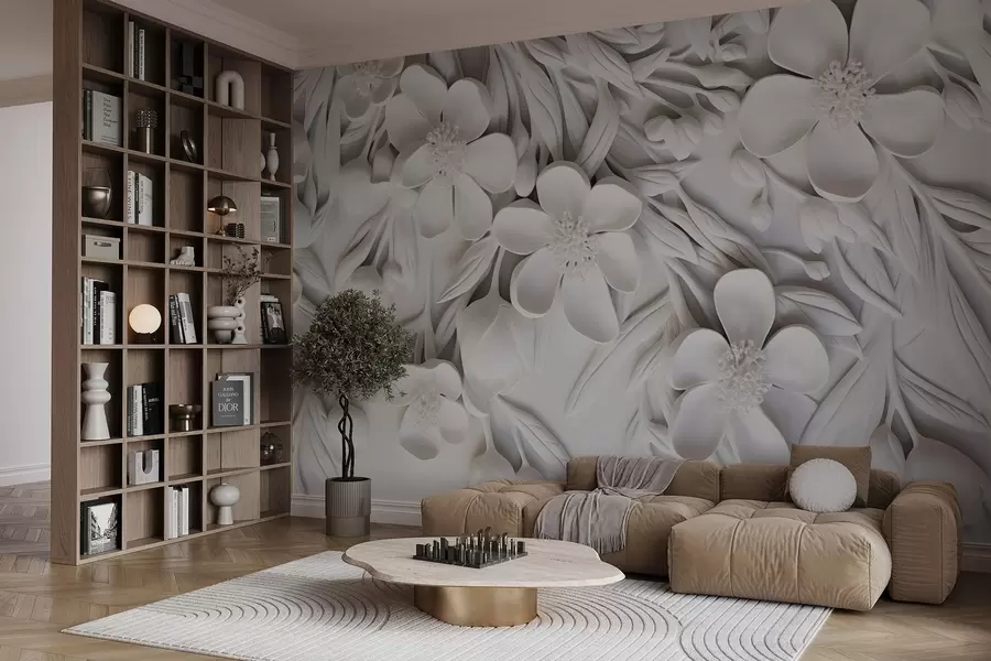 carta da parati Fiori e foglie bianchi su sfondo bianco, design floreale elegante e decorativo, dettagli intricati nr. w09113