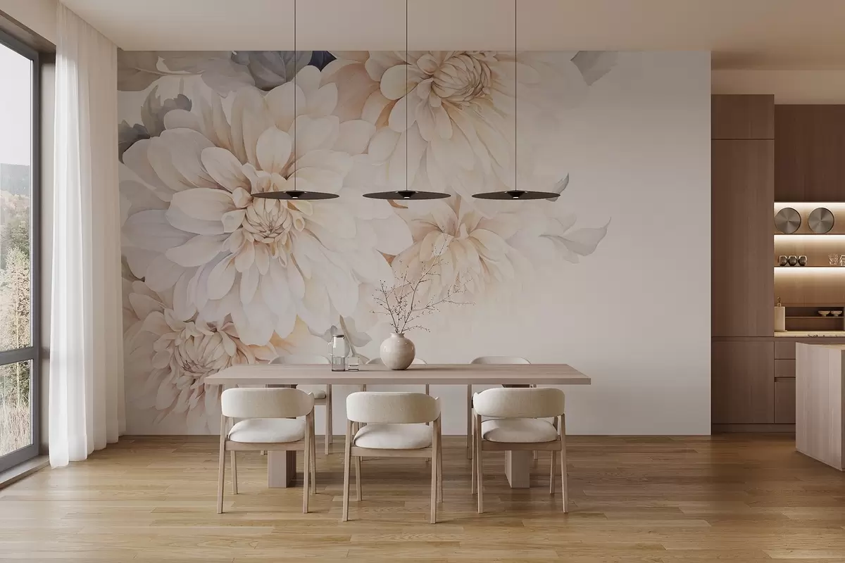 carta da parati Dalie pastello con petali morbidi e delicati color pesca e bianco chiaro in stile acquerello, sfondo morbido nr. w09115