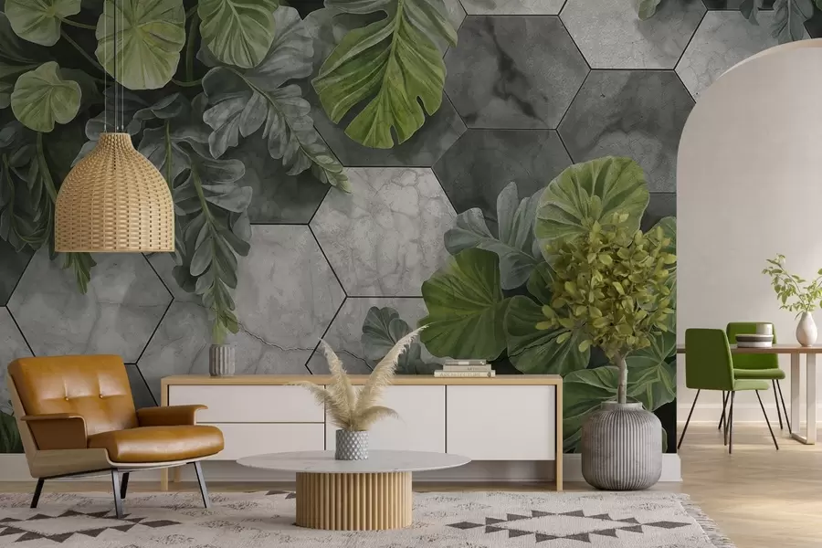 Carta da parati Floreale Foglie e piante tropicali verdi su uno sfondo di piastrelle grigie e bianche, design moderno con fogliame lussureggiante  n. w09117