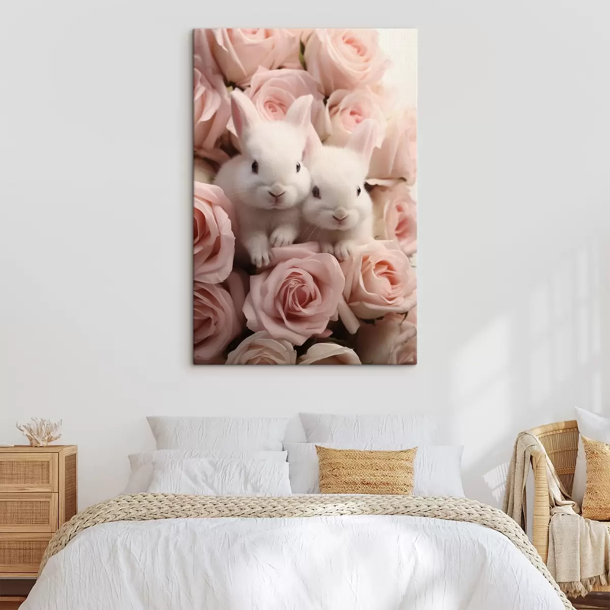 carta da parati Due conigli bianchi tra delicati fiori di rosa nr. s44380