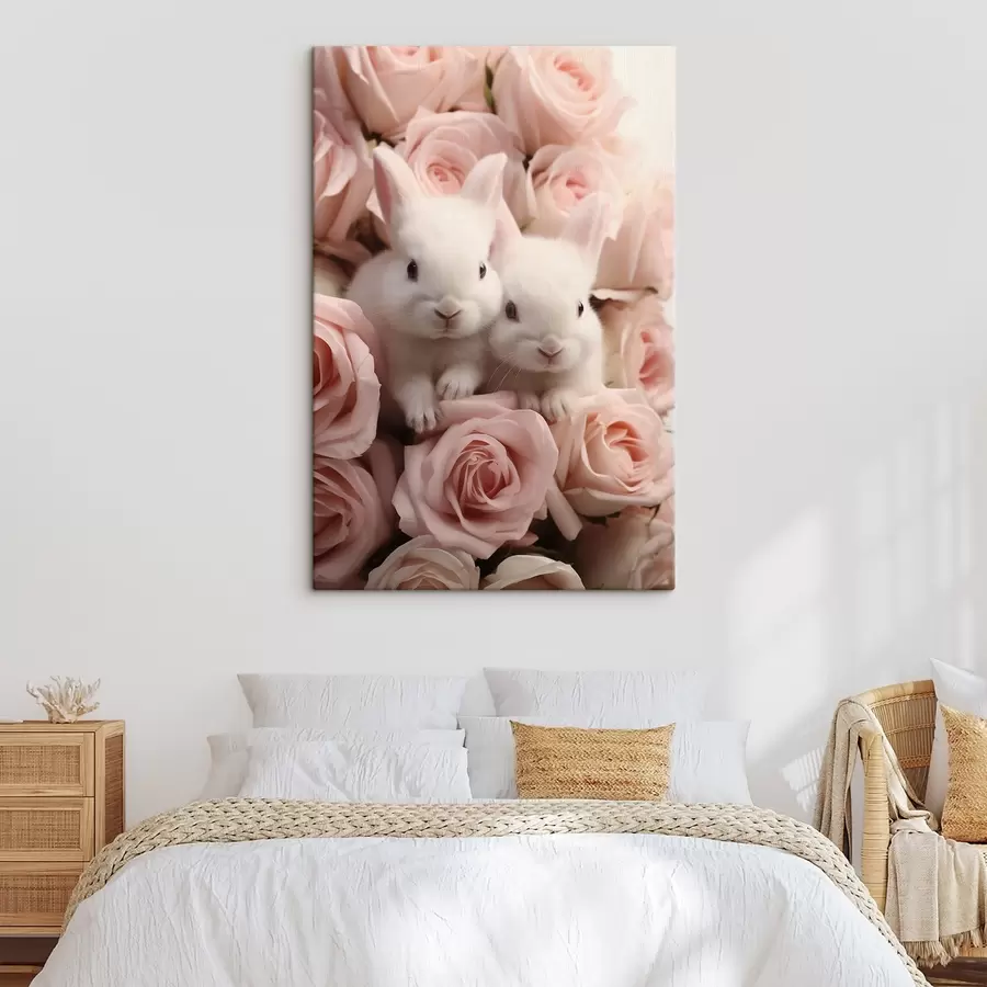 carta da parati Due conigli bianchi tra delicati fiori di rosa nr. s44380