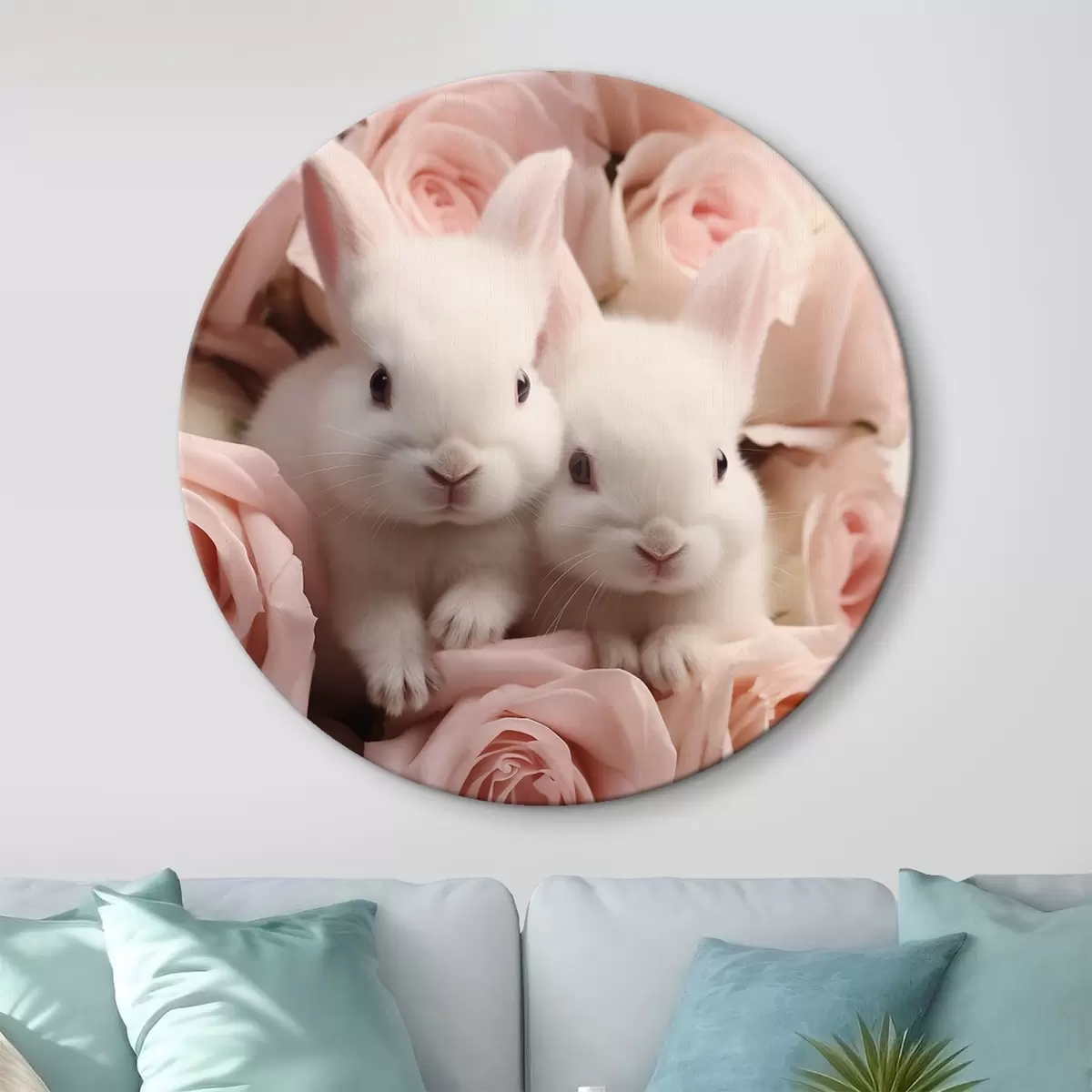 Quadri rotondi Due conigli bianchi tra delicati fiori di rosa r44380