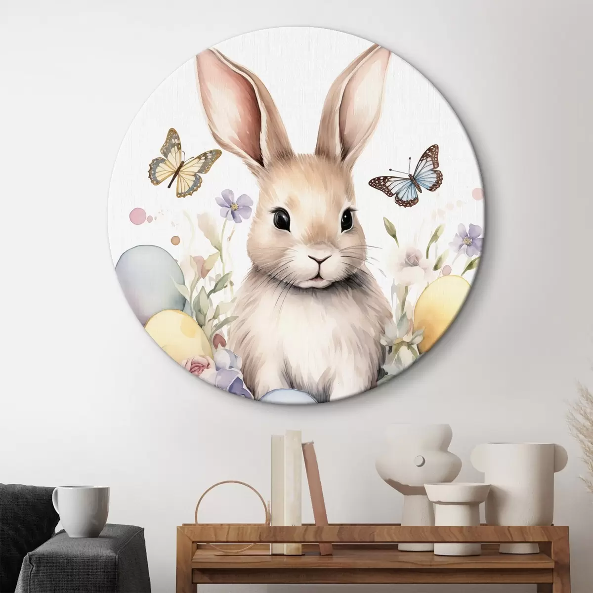 Quadri rotondi Coniglietto carino in stile acquerello in fiori con farfalle r44388