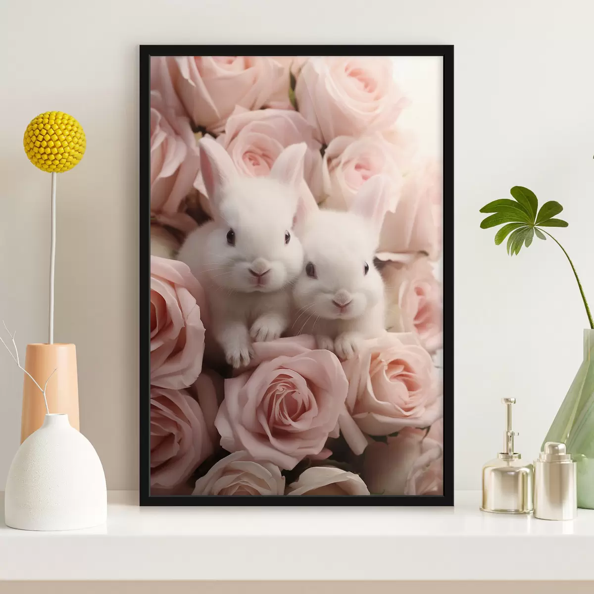 Poster Due conigli bianchi tra delicati fiori di rosa f44380