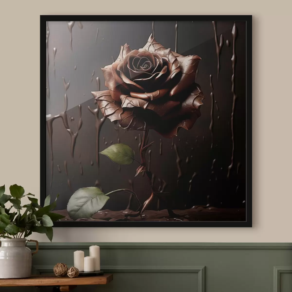 Poster Rosa marrone su sfondo scuro con schizzi di cioccolato f44381
