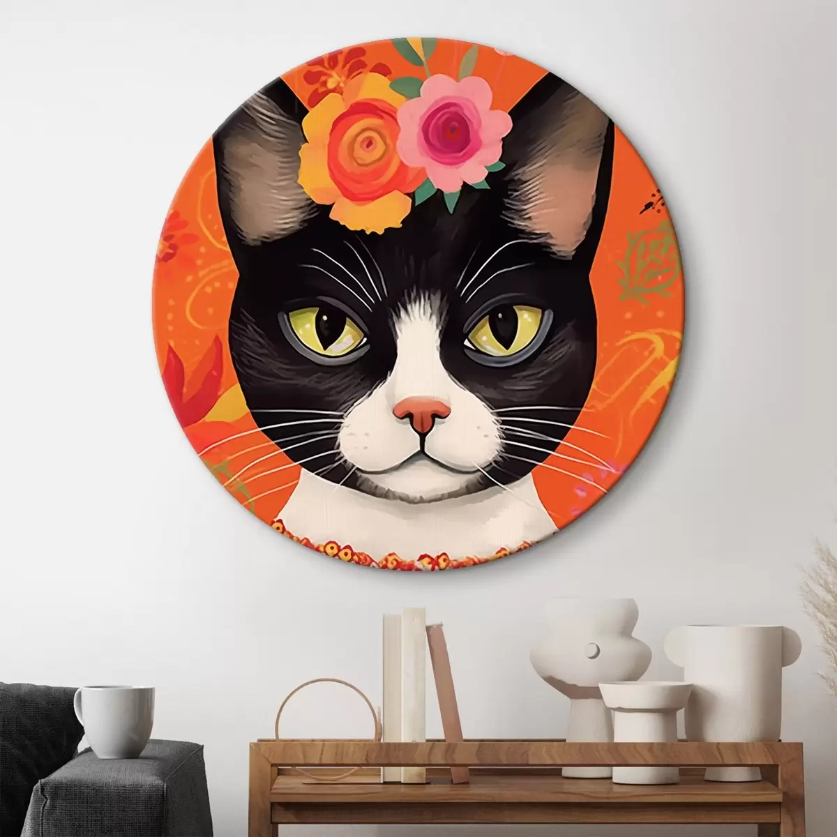 Quadri rotondi Gatto con motivo floreale r44262