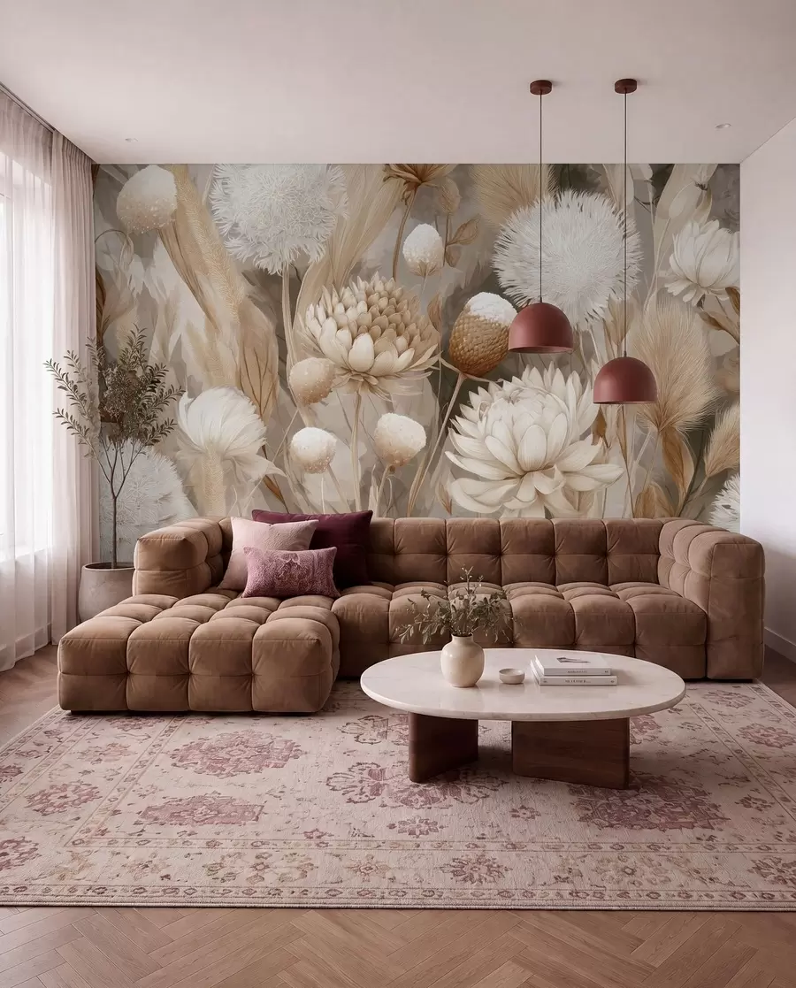 Carta da parati Floreale Armonia Boho: Fiori strutturati nei toni del beige e del crema n. w09121