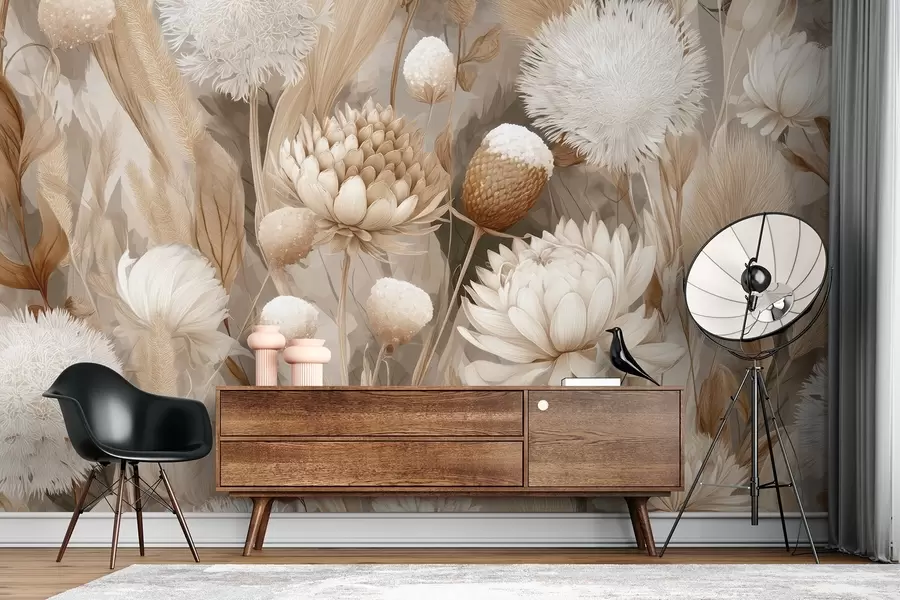 Carta da parati Floreale Armonia Boho: Fiori strutturati nei toni del beige e del crema n. w09121