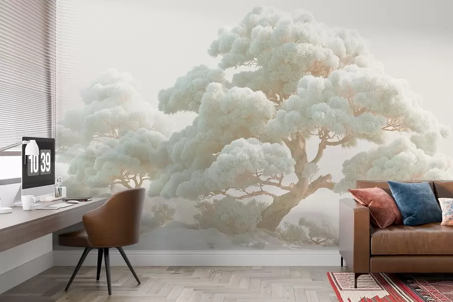 carta da parati Pini nella nebbia in toni tenui in piedi in una foresta nr. w09122