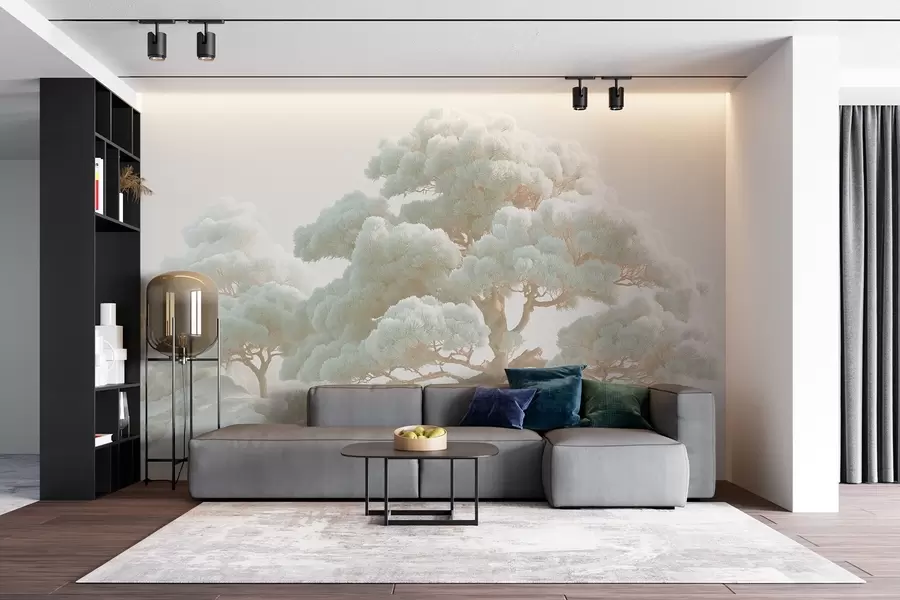 carta da parati Pini nella nebbia in toni tenui in piedi in una foresta nr. w09122