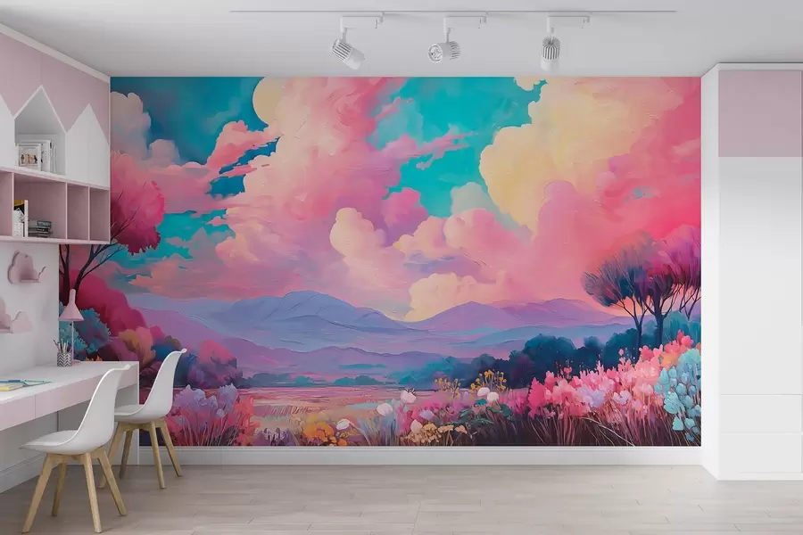 Carta da parati nature Paesaggio colorato in stile pittura ad olio con cielo rosa, piante e alberi 
