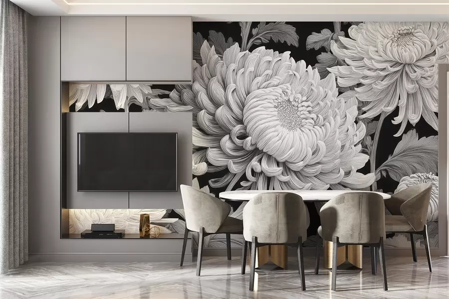 Carta da parati Floreale Grandi orchidee bianche e nere con foglie n. w09125v1