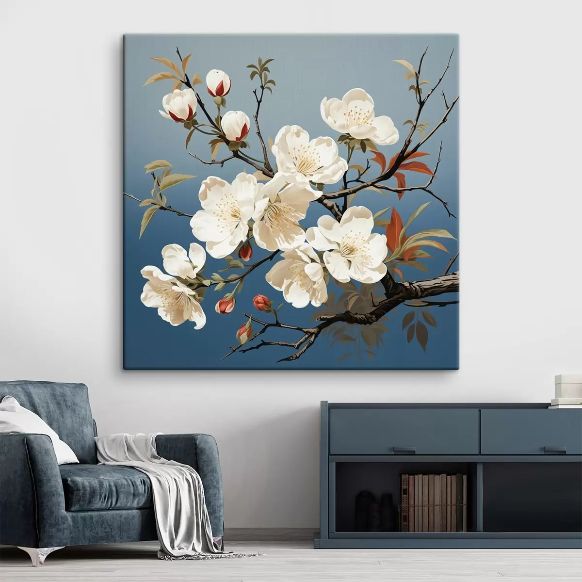carta da parati Ramo di magnolia con boccioli rossastri su sfondo blu nr. s44341