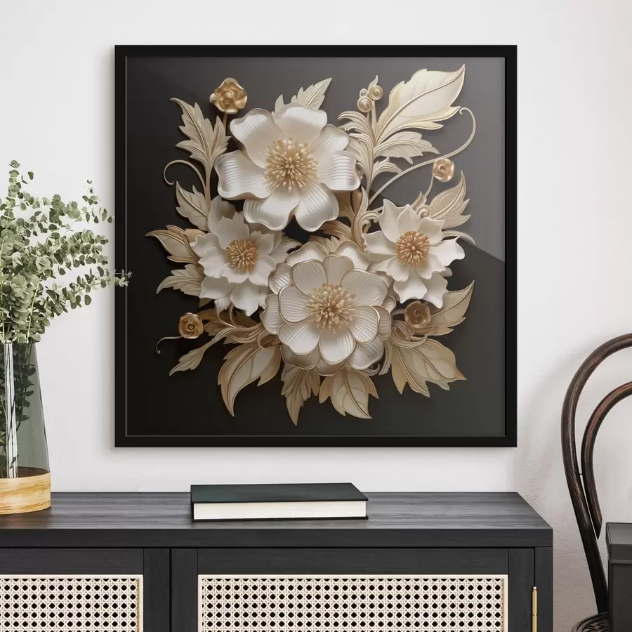 carta da parati Voluminosi fiori bianchi su sfondo nero nr. f44340