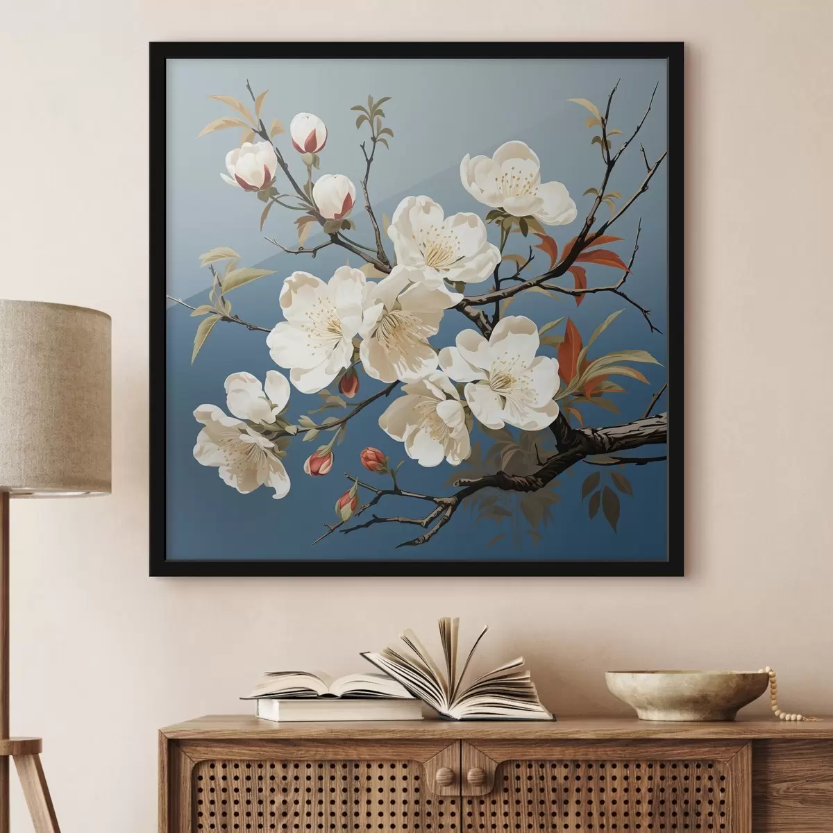 Poster Ramo di magnolia con boccioli rossastri su sfondo blu f44341