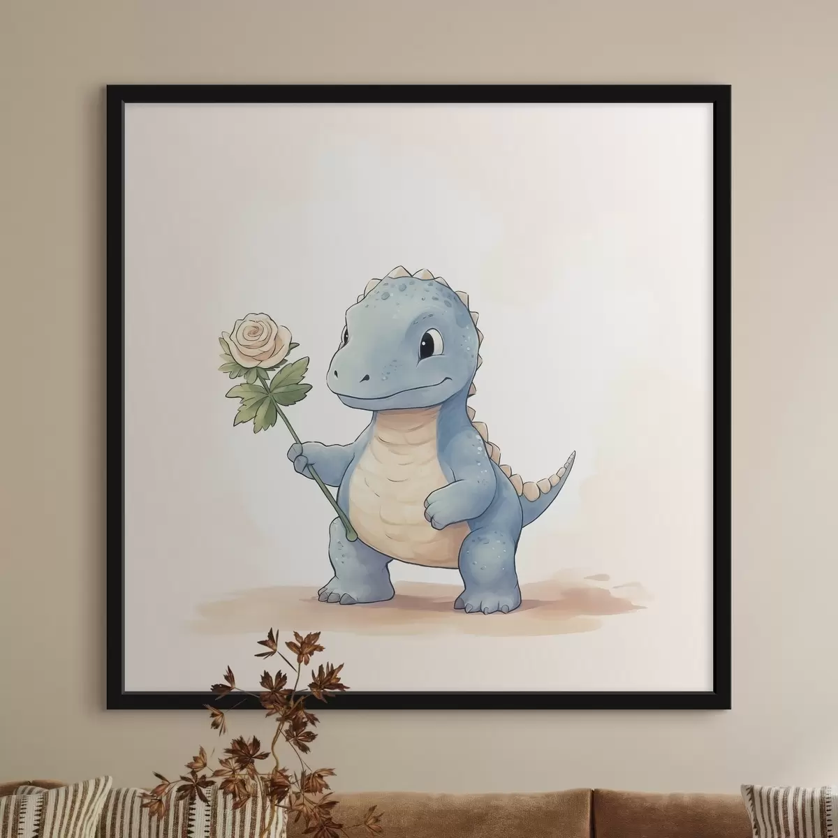 Poster Un piccolo dinosauro e un tenero fiore f44351