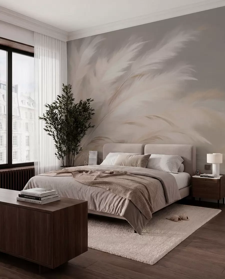Carta da parati nature Morbide erbe vaporose nei colori beige e grigio 