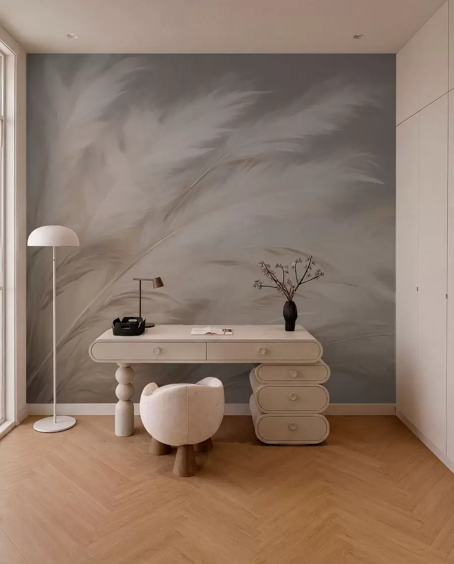 Carta da parati nature Morbide erbe vaporose nei colori beige e grigio 