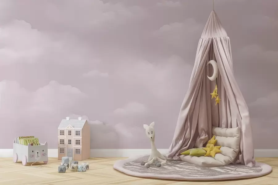 Carta da parati per Bambini Nuvole rosa in delicate tonalità pastello 