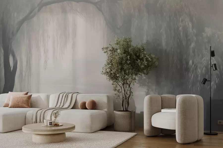 Carta da parati nature Mistico banco di salici nella nebbia del mattino 