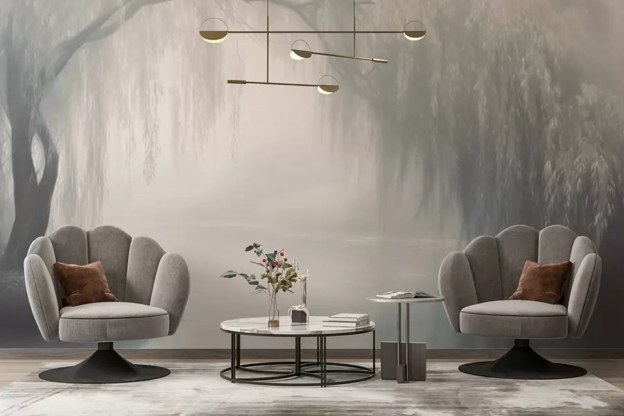 Carta da parati nature Mistico banco di salici nella nebbia del mattino 