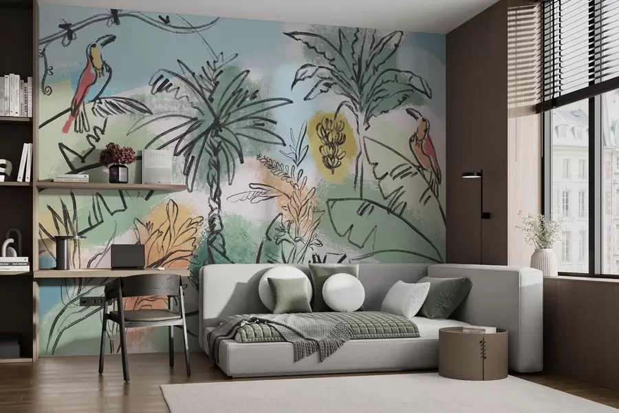 Carta da parati nature Stampa tropicale con pappagalli, colori ricchi, tropici 