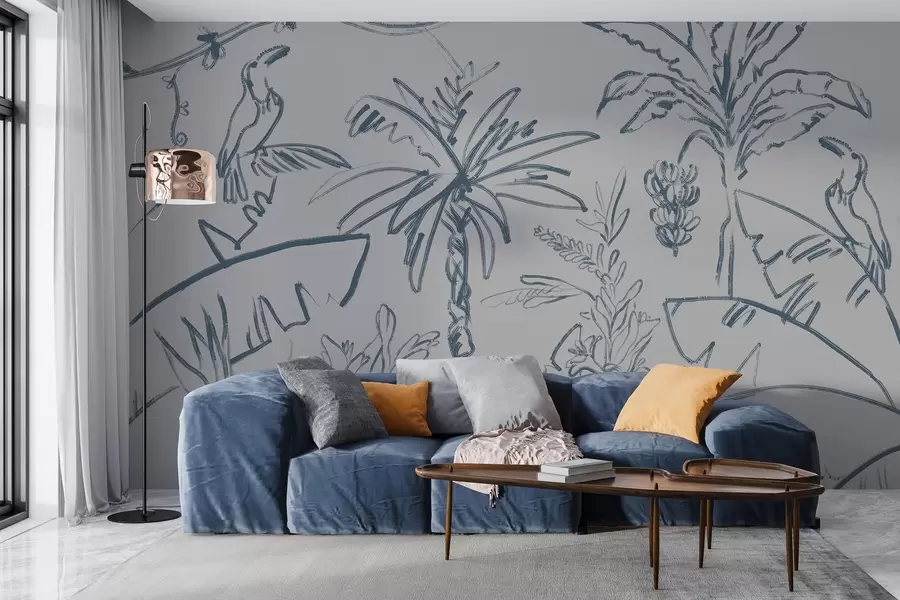 Carta da parati nature Motivo tropicale in blu, banane e palme 