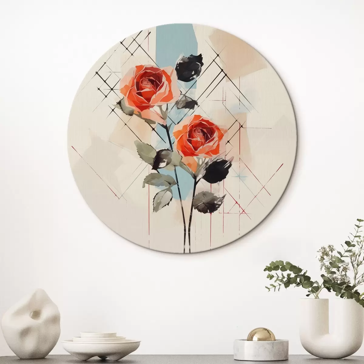 Quadri rotondi Rose su uno sfondo di linee e macchie r44421