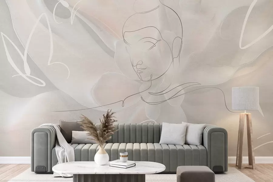 carta da parati Astrazione floreale con disegno a linee di Buddha, colori beige nr. w04004