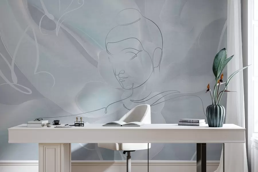 carta da parati Astrazione floreale con disegno a linee di Buddha, colori blu nr. w04004v1