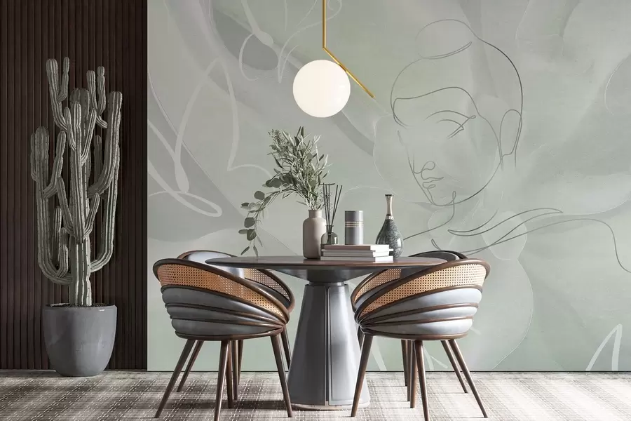 carta da parati Astrazione floreale con disegno a linee di Buddha, colori verdi nr. w04004v3