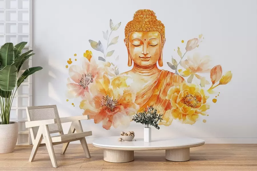 carta da parati Buddha acquerellato con fiori, spirituale, tavolozza di colori arancioni  nr. w04005