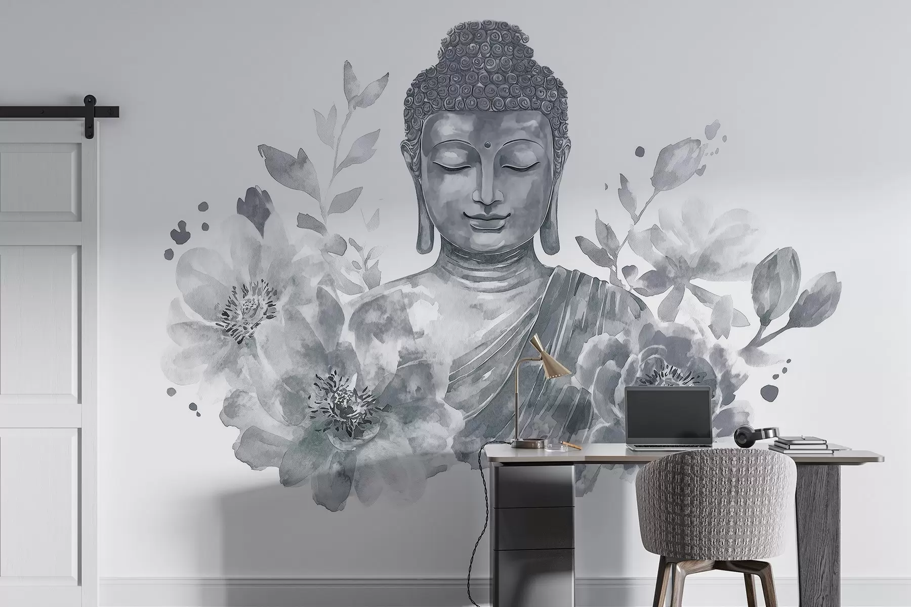 Carta da parati Floreale Buddha acquerellato con fiori, spirituale, tavolozza di colori grigi  n. w04005v1