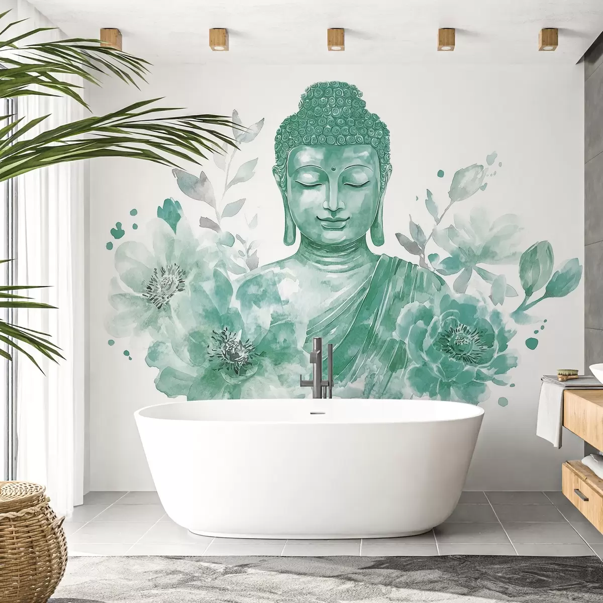 carta da parati Buddha acquerellato con fiori, spirituale, tavolozza di colori verdi  nr. w04005v3