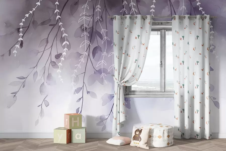 carta da parati Rami con foglie in stile acquerello, colori naturali viola nr. w04007v2