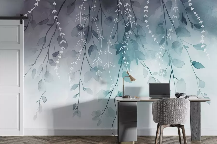 carta da parati Rami con foglie in stile acquerello, colori naturali acquamarina nr. w04007v3