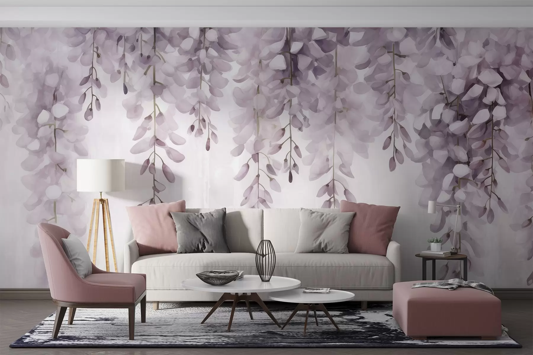 Carta da parati Floreale Scena acquerellata con un morbido glicine lilla che scende dall'alto, evocando la calma e la chiarezza di una foschia mattutina n. w04034v3