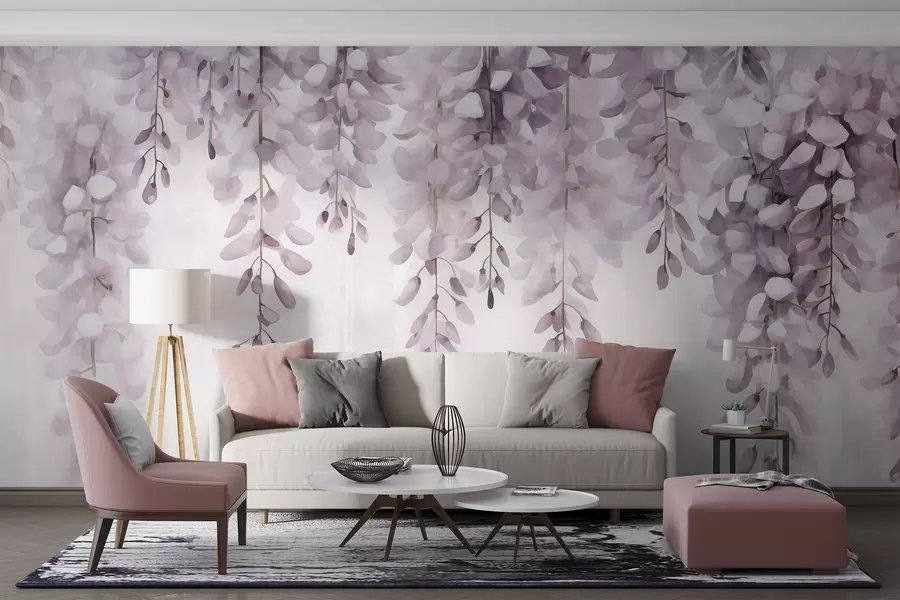 Carta da parati Floreale Scena acquerellata con un morbido glicine lilla che scende dall'alto, evocando la calma e la chiarezza di una foschia mattutina n. w04034v3