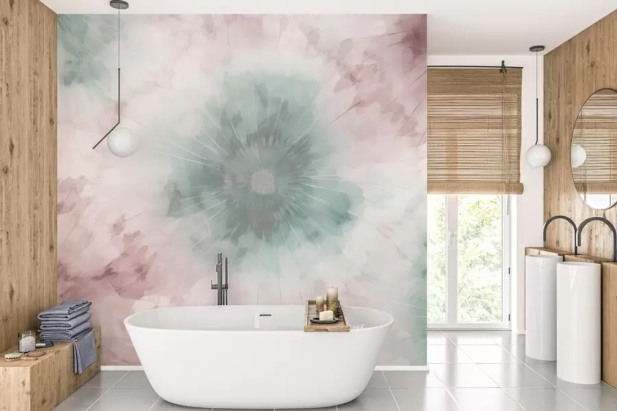 carta da parati Disegno radiale acquerellato che mescola verdi nebbiosi e rosa polverosi, evocando la morbidezza della rugiada mattutina e il primo respiro del giorno nr. w04036v2