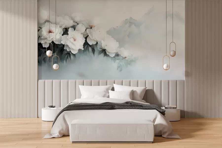 Carta da parati Floreale pittoresche peonie bianche lussureggianti sullo sfondo di montagne nebbiose n. w03965