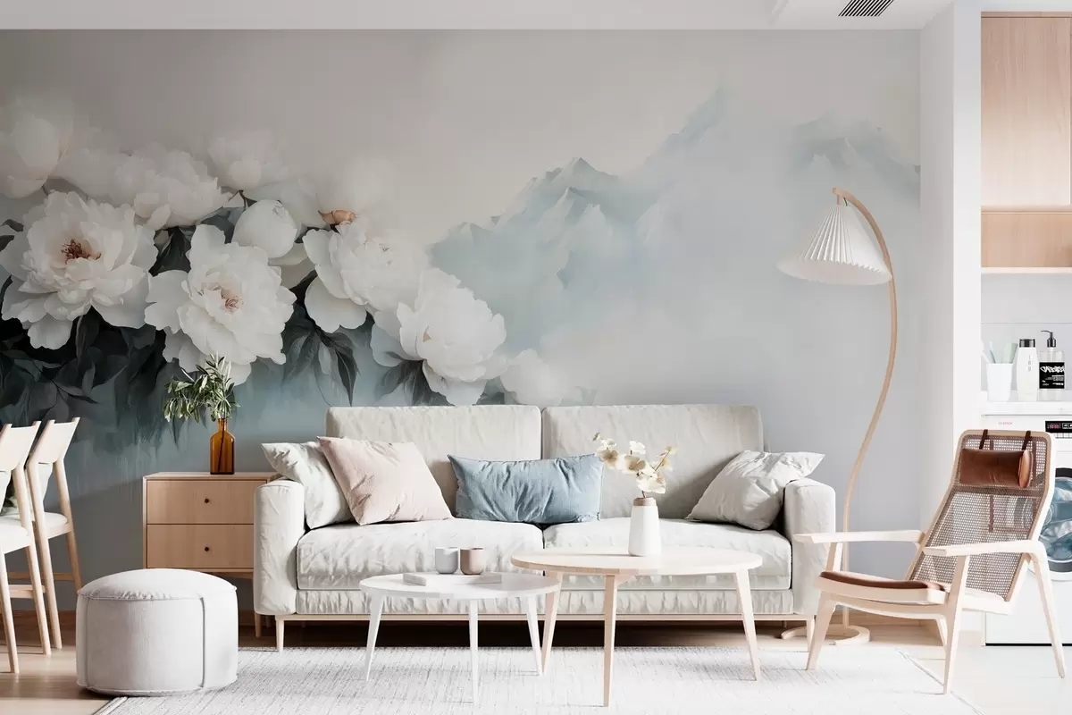 carta da parati pittoresche peonie bianche lussureggianti sullo sfondo di montagne nebbiose nr. w03965