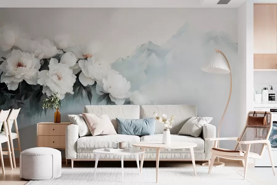 Carta da parati Floreale pittoresche peonie bianche lussureggianti sullo sfondo di montagne nebbiose n. w03965