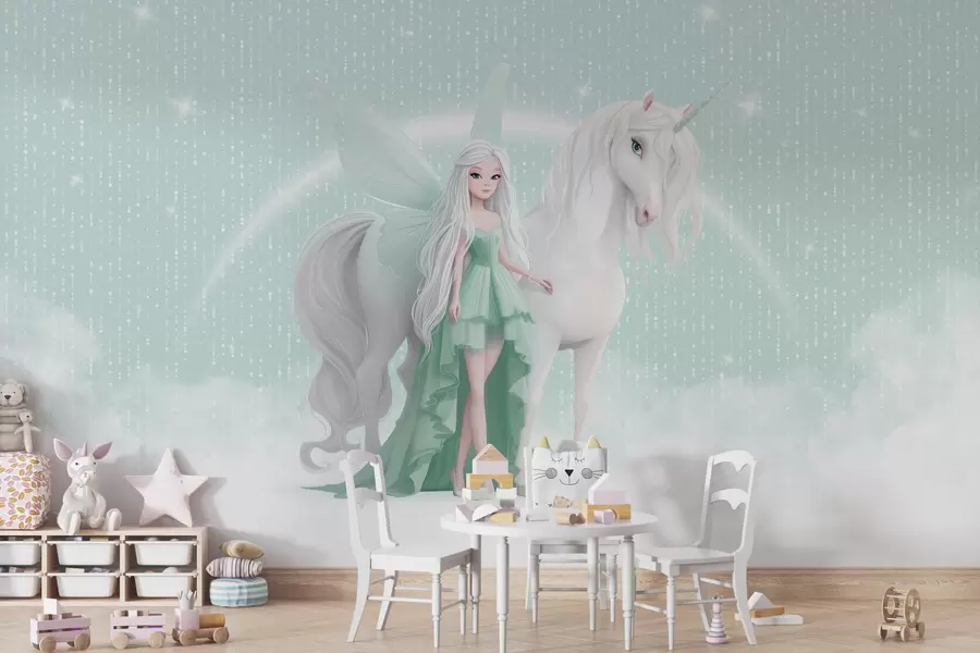 carta da parati Una fata con un unicorno tra le nuvole nr. w03527v2