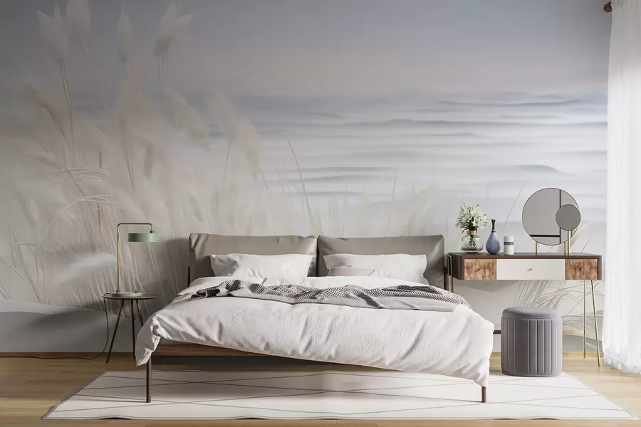 Carta da parati nature Paesaggio con erba della pampa bianca su una duna di sabbia, con un oceano azzurro sullo sfondo, stile morbido e minimalista 