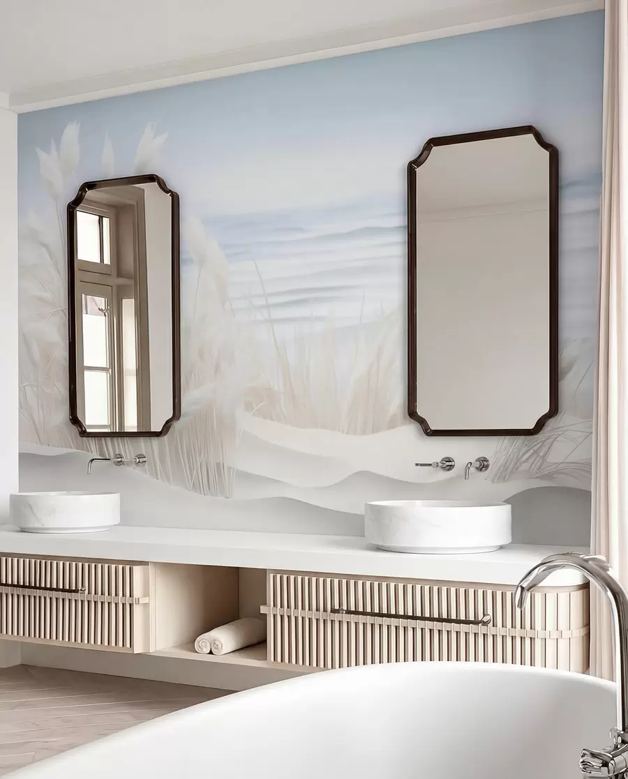 Carta da parati nature Paesaggio con erba della pampa bianca su una duna di sabbia, con un oceano azzurro sullo sfondo, stile morbido e minimalista 