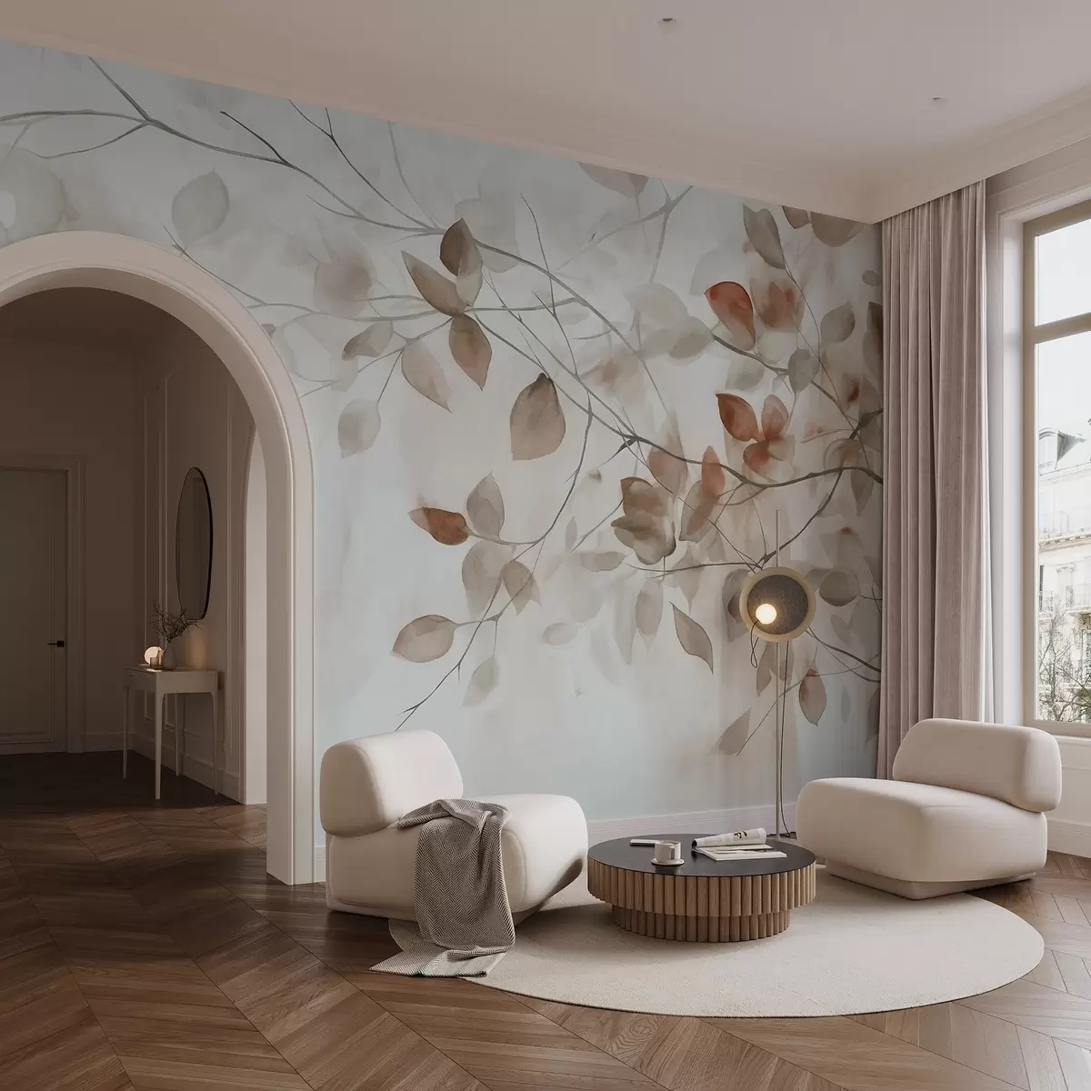 carta da parati Pittura ad acquerello texturizzata con imitazione di foglie e rami marroni, colori tenui, dettagli delicati su sfondo bianco nr. w09133