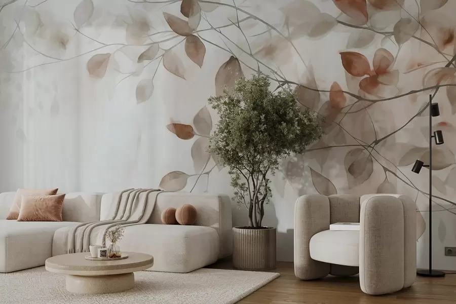 Carta da parati nature Pittura ad acquerello texturizzata con imitazione di foglie e rami marroni, colori tenui, dettagli delicati su sfondo bianco 