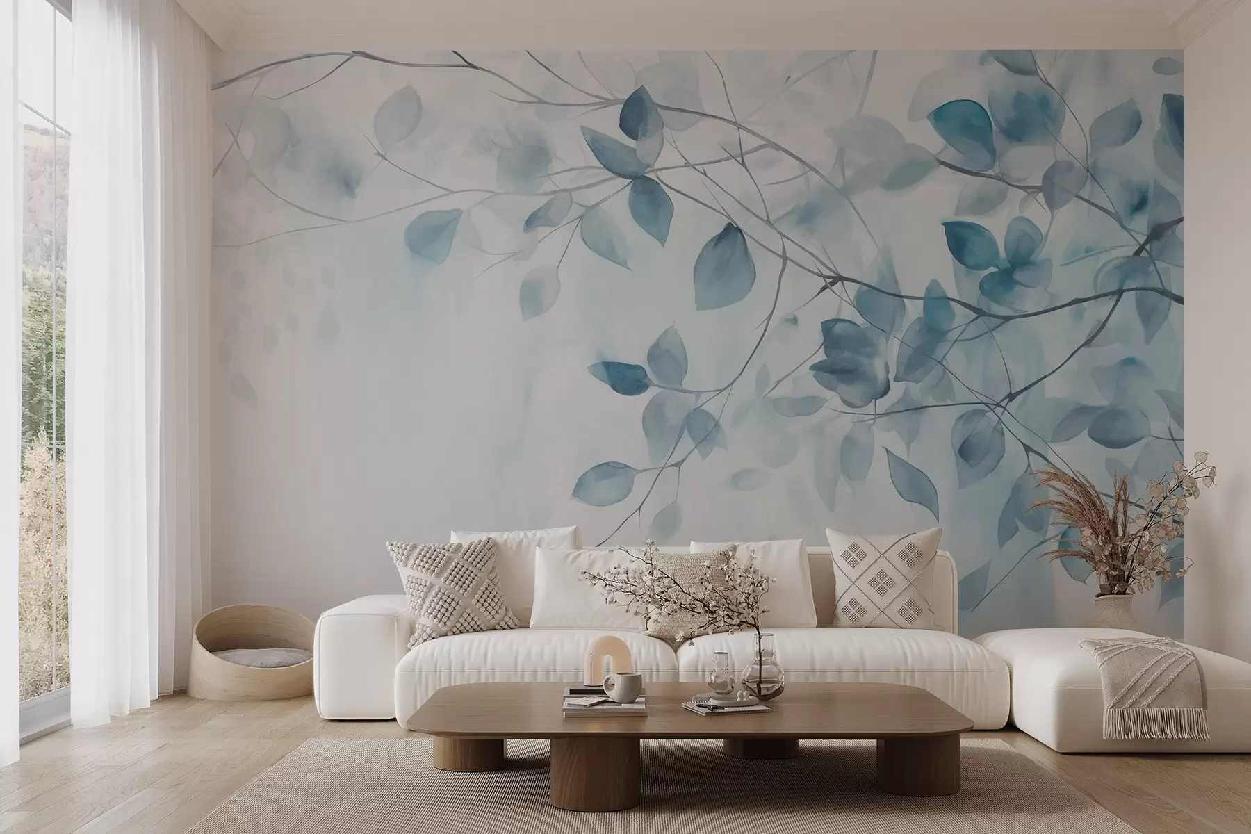 carta da parati Pittura ad acquerello texturizzata con imitazione di foglie e rami blu, colori tenui, dettagli delicati su sfondo bianco nr. w09133v1